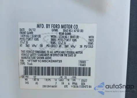 2012 Ford F150 from USA, damaged, VIN 1FTMF1CM5CKD69725